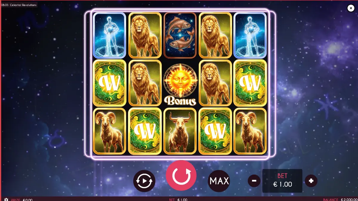 Tampilan visual slot Celestial Revolutions dengan tema zodiak dan kosmik
