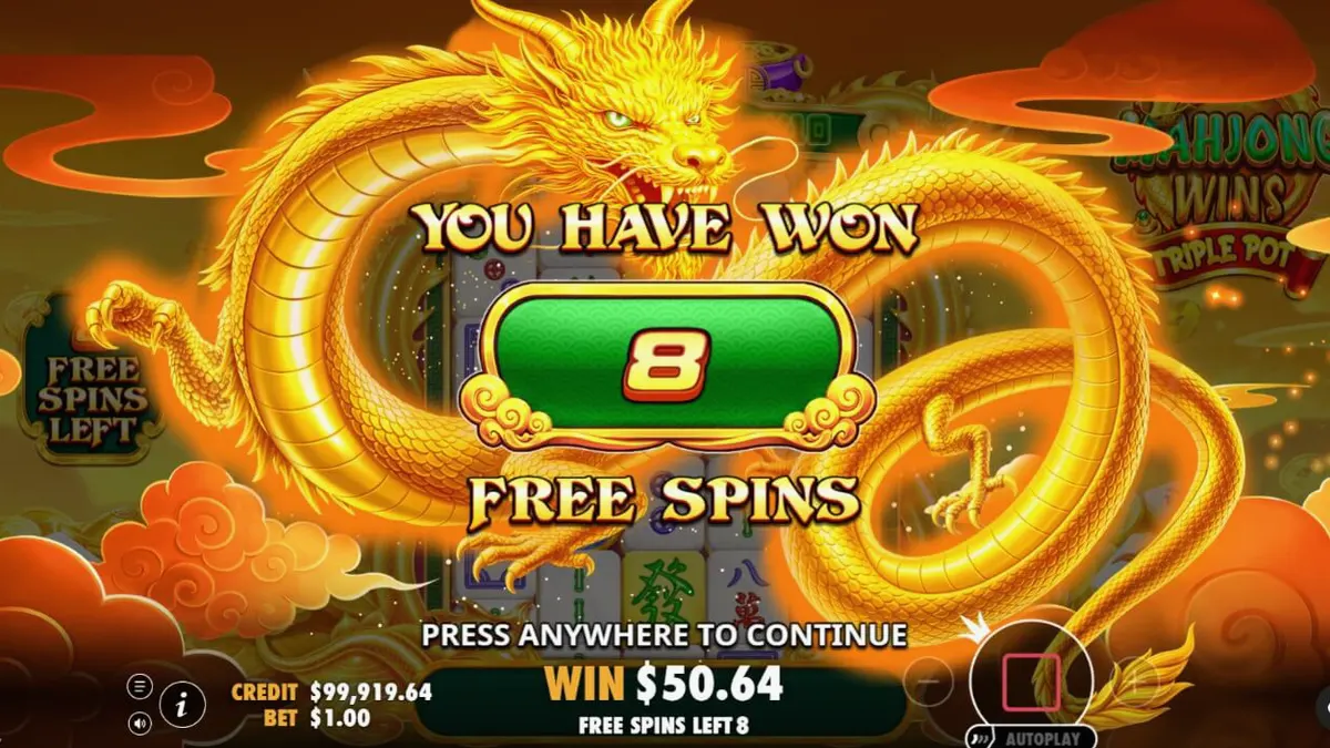 Mahjong Wins Triple Pot slot interface with golden dragon and mahjong tiles