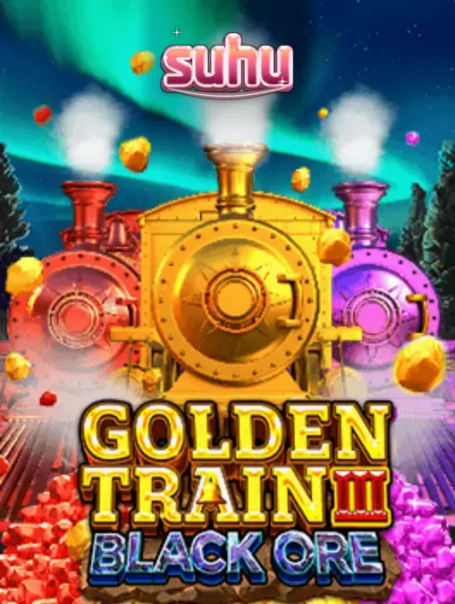 Pemandangan visual slot Golden Train III: Black Ore dengan latar belakang ngarai dan rel kereta.